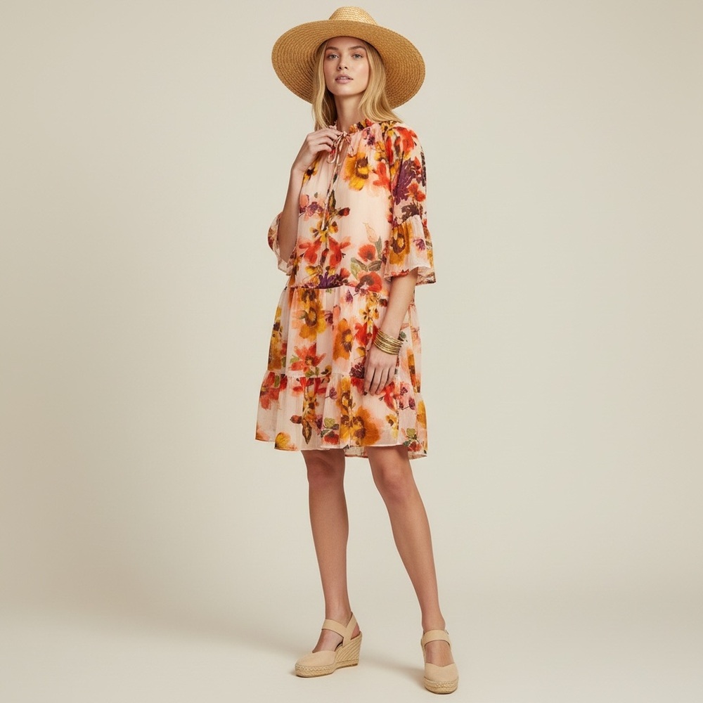 Floral Tiered Dress Ruffle‎ Neck Midi Summer Party Occasion Size Large